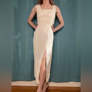 Vintage 90s CK Editions Off-White Wedding Dress – Minimal Slip Dress w/ Slit